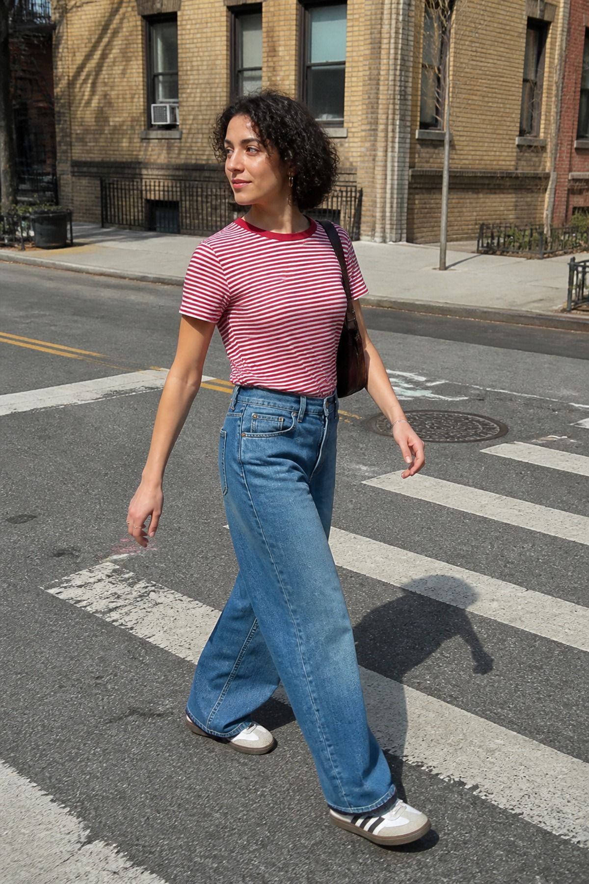 Woman wearing a red striped tee with wide-leg jeans, a Memorial Day outfit