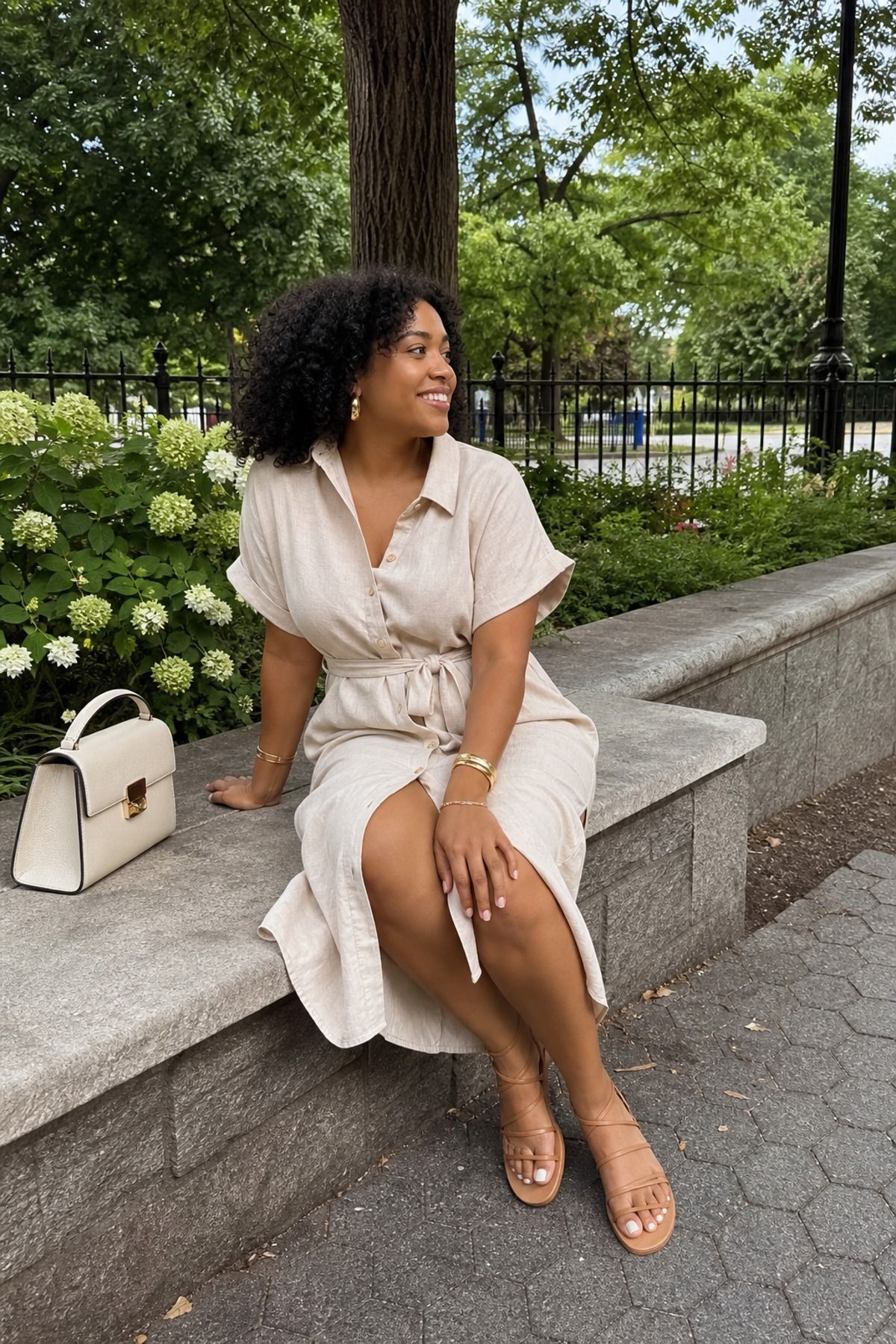Woman wearing a linen shirt dress with gold jewelry, a mother s day outfit