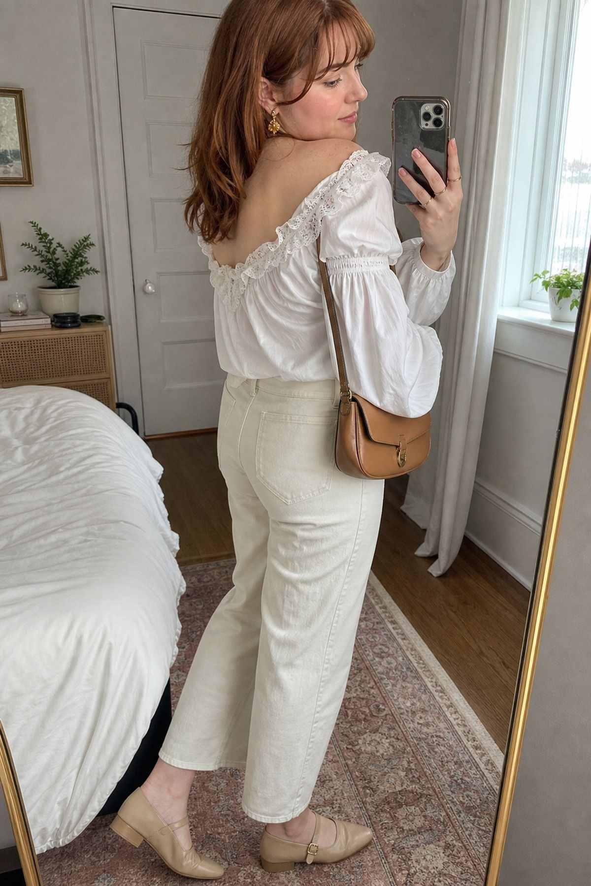 Woman wearing a lace-trim blouse with ecru denim, a mother s day outfit