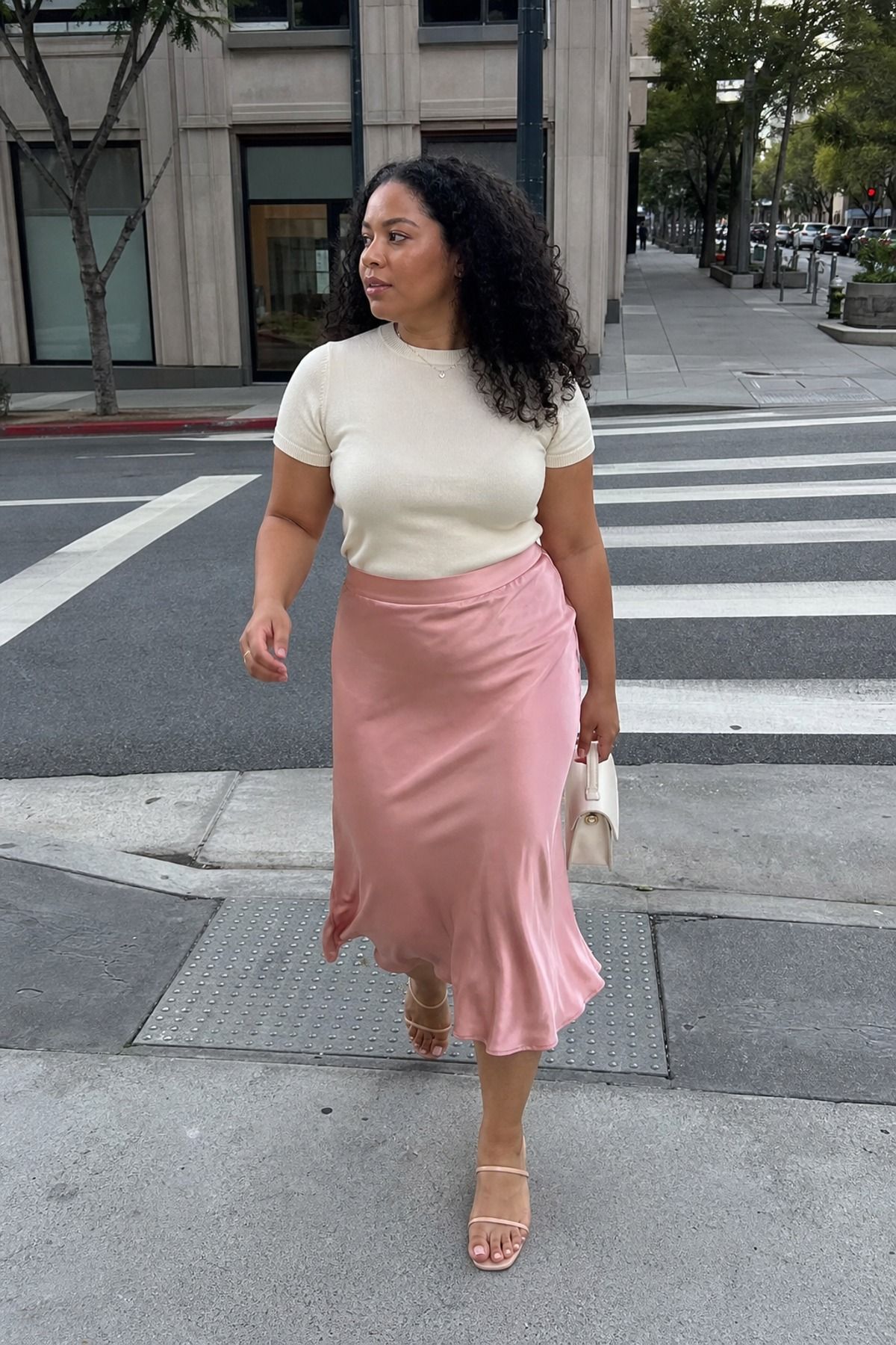 Woman wearing a satin skirt with a fine knit top, a mother s day outfit