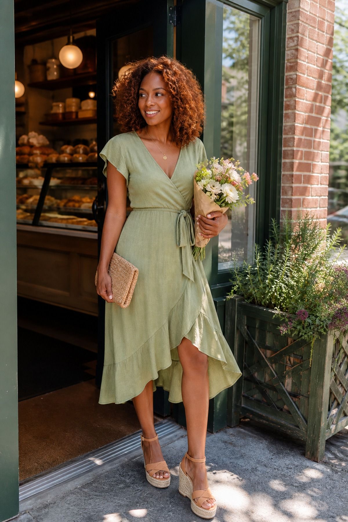 Woman wearing a wrap dress with comfortable wedges, a mother s day outfit