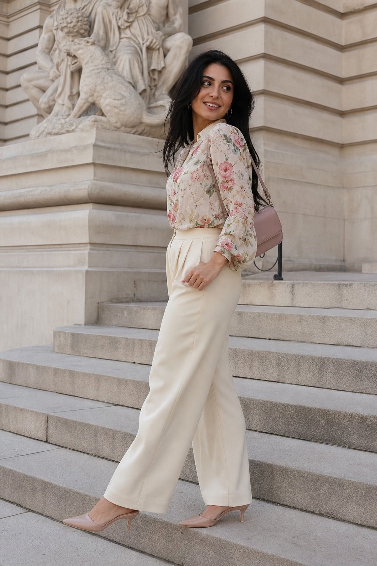 Woman wearing cream trousers with a floral blouse, a mother s day outfit
