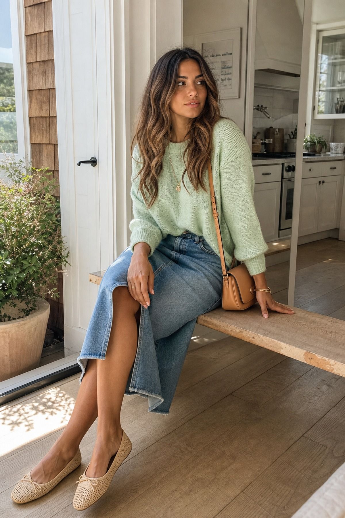 Woman wearing a denim midi skirt with a pastel sweater, a mother s day outfit