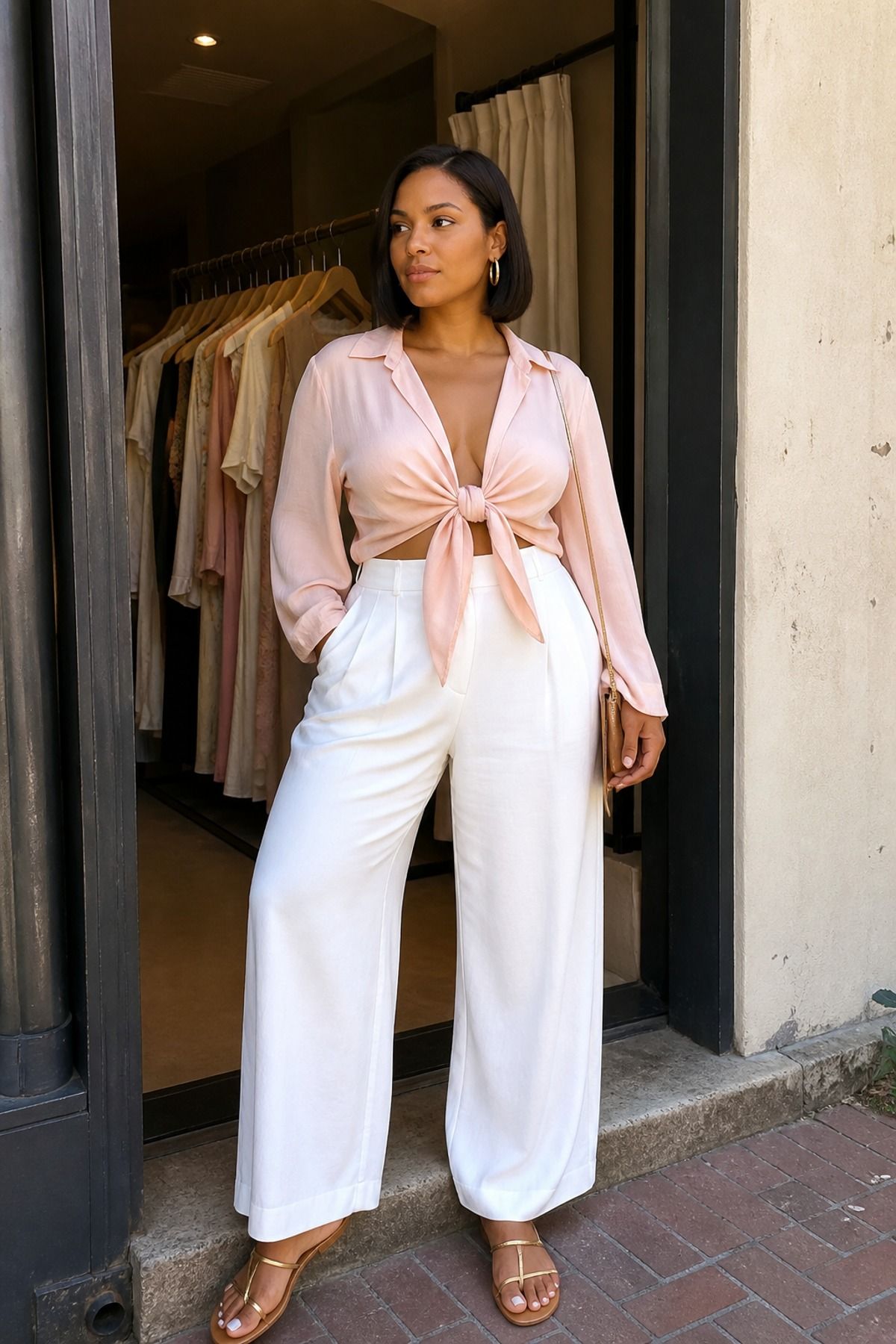 Woman wearing wide-leg pants with a tie-front blouse, a mother s day outfit