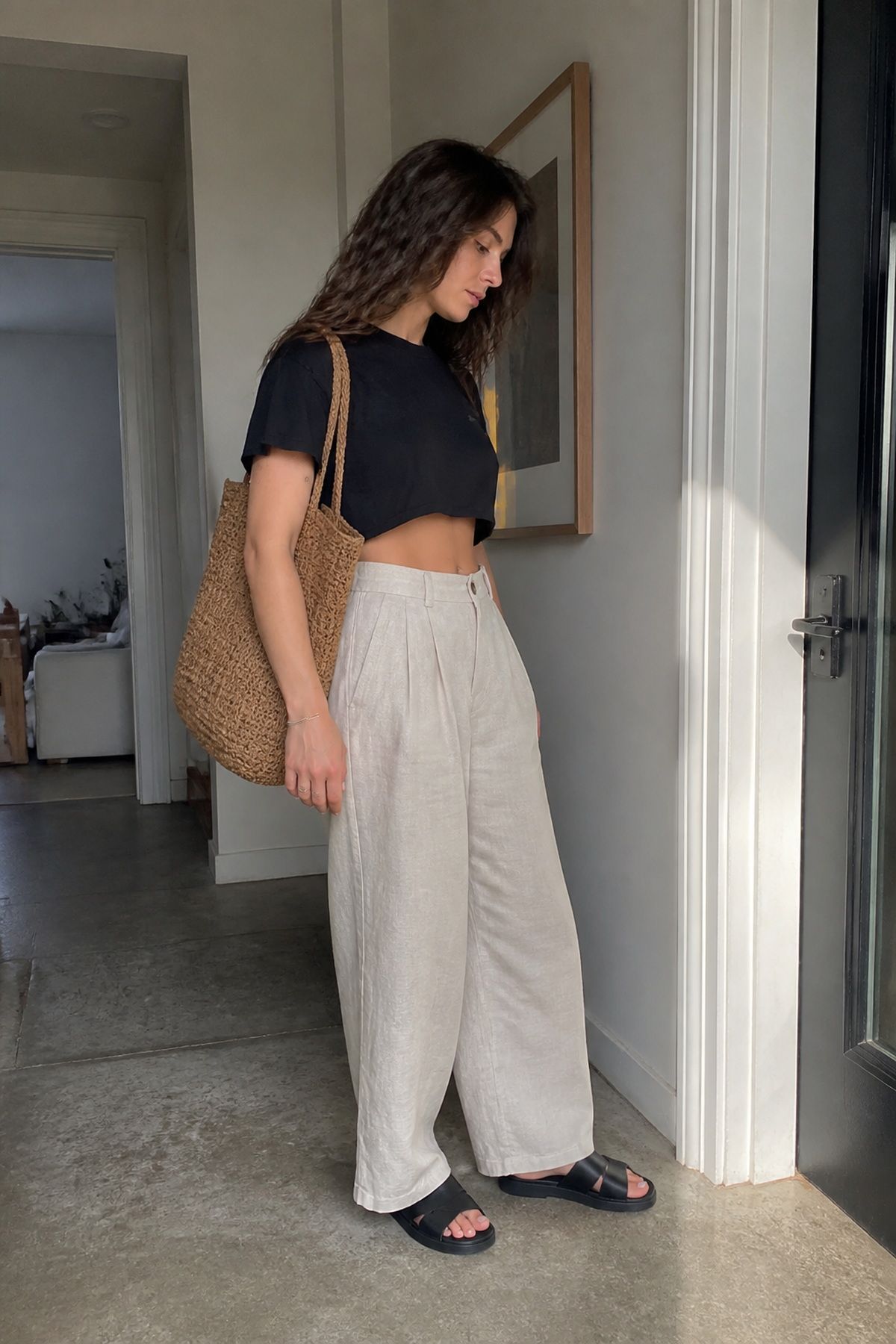 Abercrombie outfit idea with linen pants with a cropped tee.