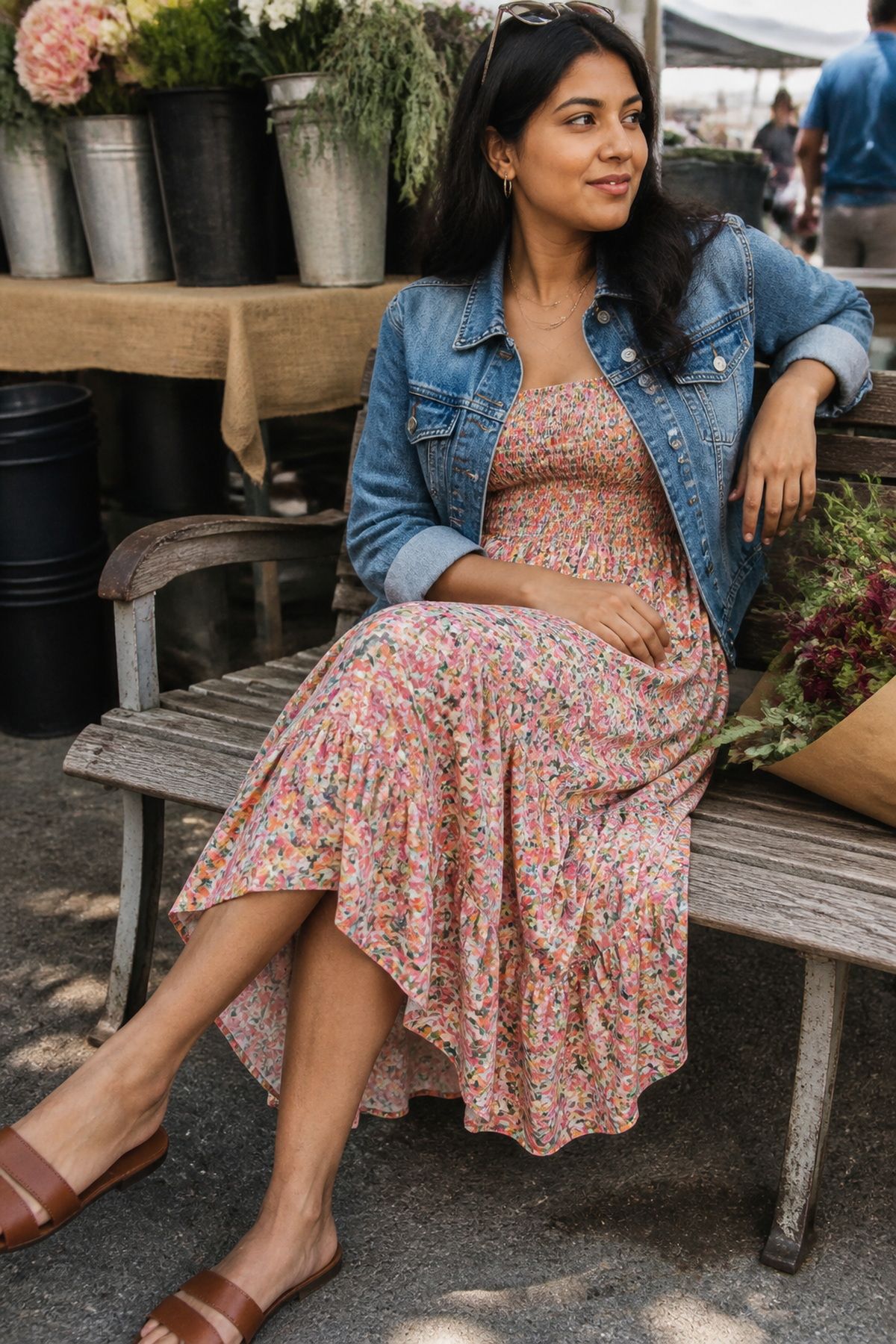 Abercrombie outfit idea with smocked midi dress with a denim jacket.