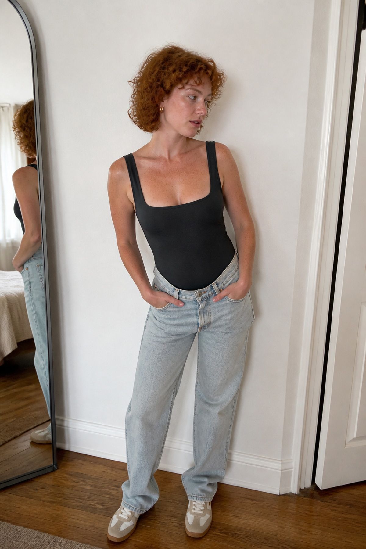 Abercrombie outfit idea with bodysuit with relaxed jeans.