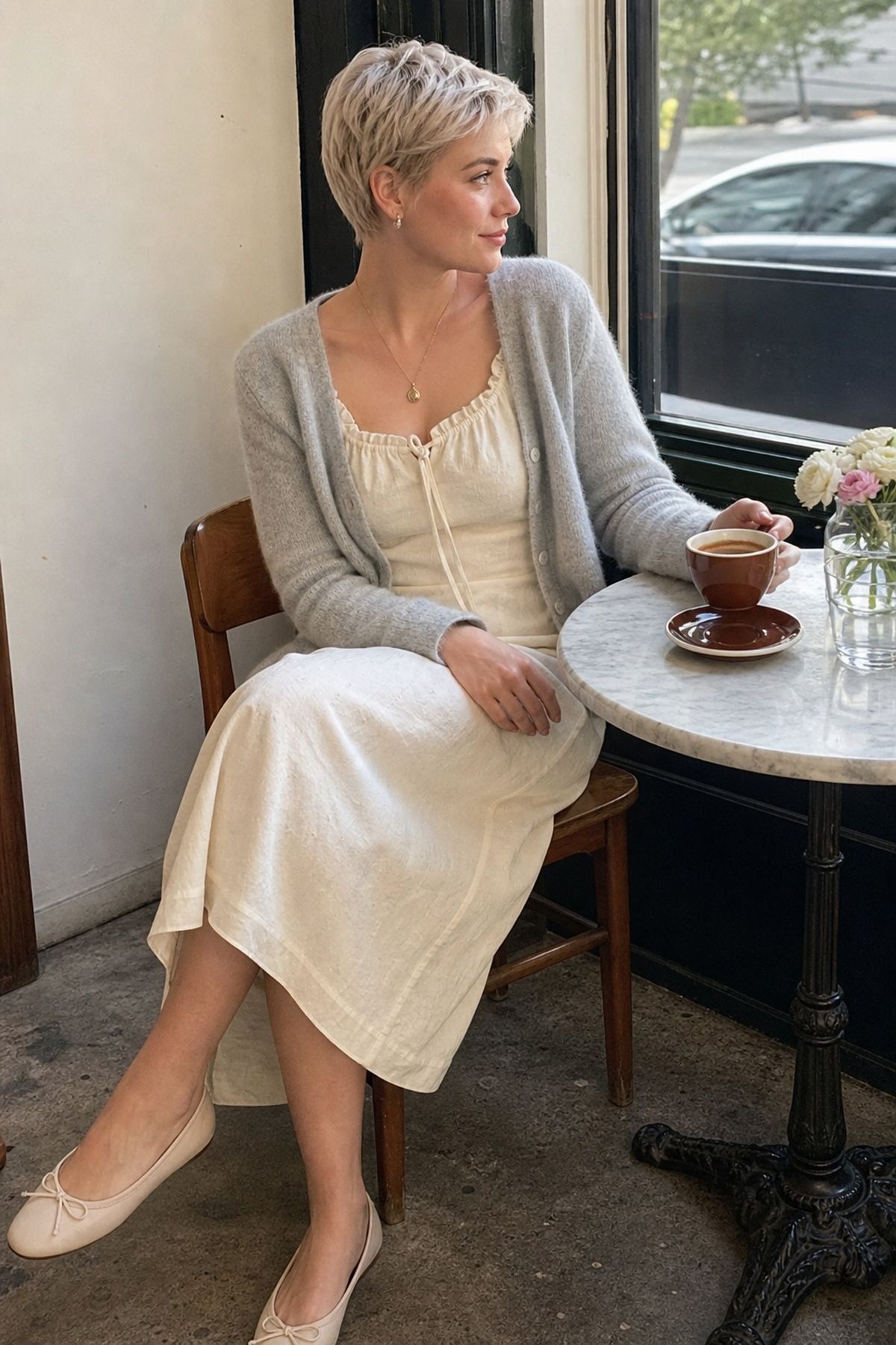 Abercrombie outfit idea with lace-trim dress with a soft cardigan.