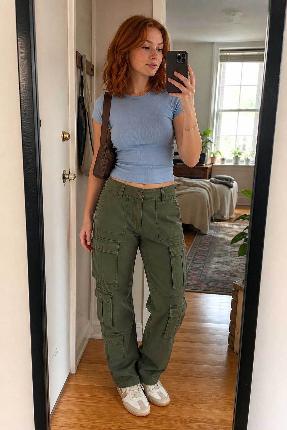 Woman wearing cargo pants, baby tee, and slim sneakers, an Amazon casual outfit