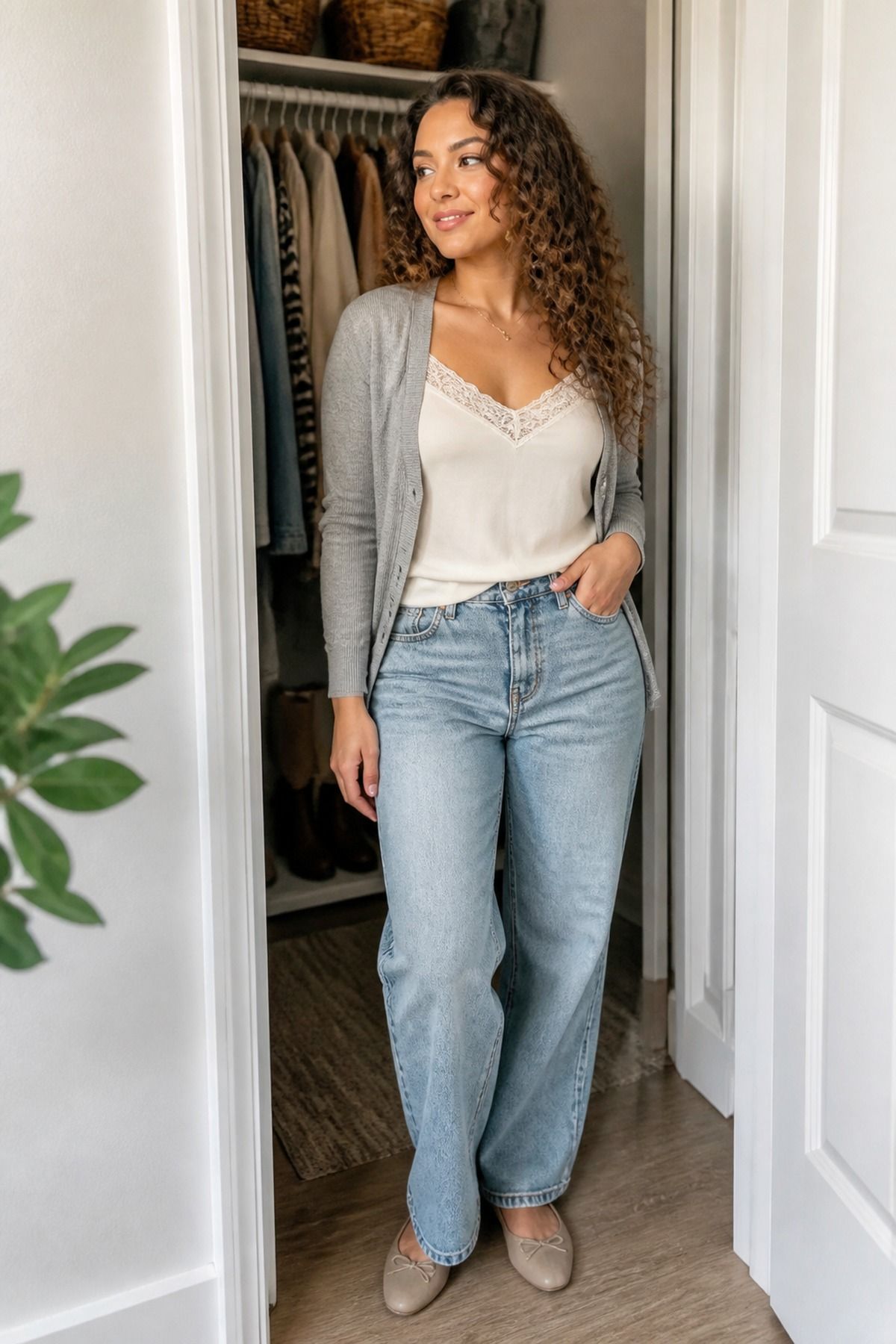 Woman wearing a lace cami, cardigan, and relaxed denim, an Amazon casual outfit