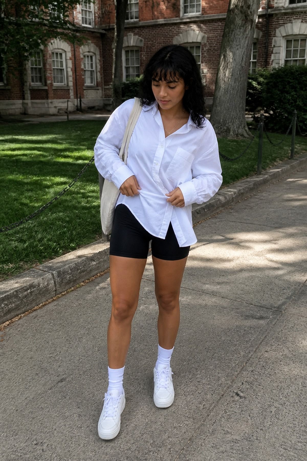 Woman wearing a white button-down, bike shorts, and crew socks, an Amazon casual outfit