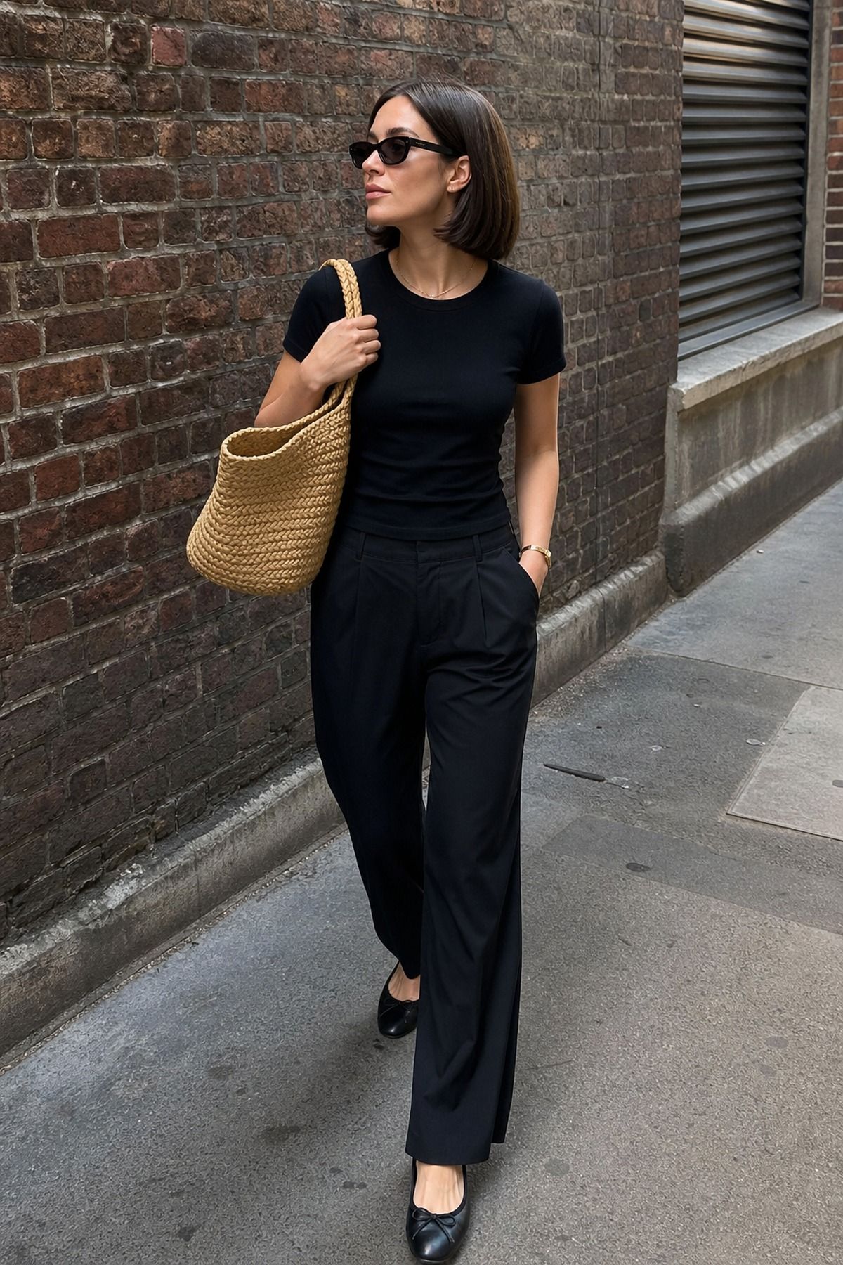 Woman wearing all-black basics with a woven bag, an Amazon casual outfit