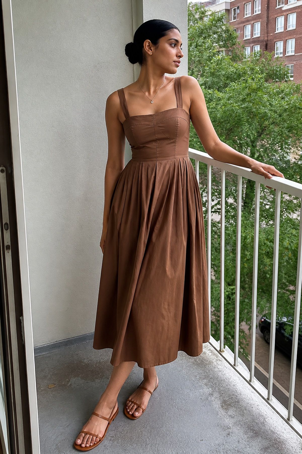 Woman wearing a cotton sateen midi dress, an Amazon fashion finds for casual outfit