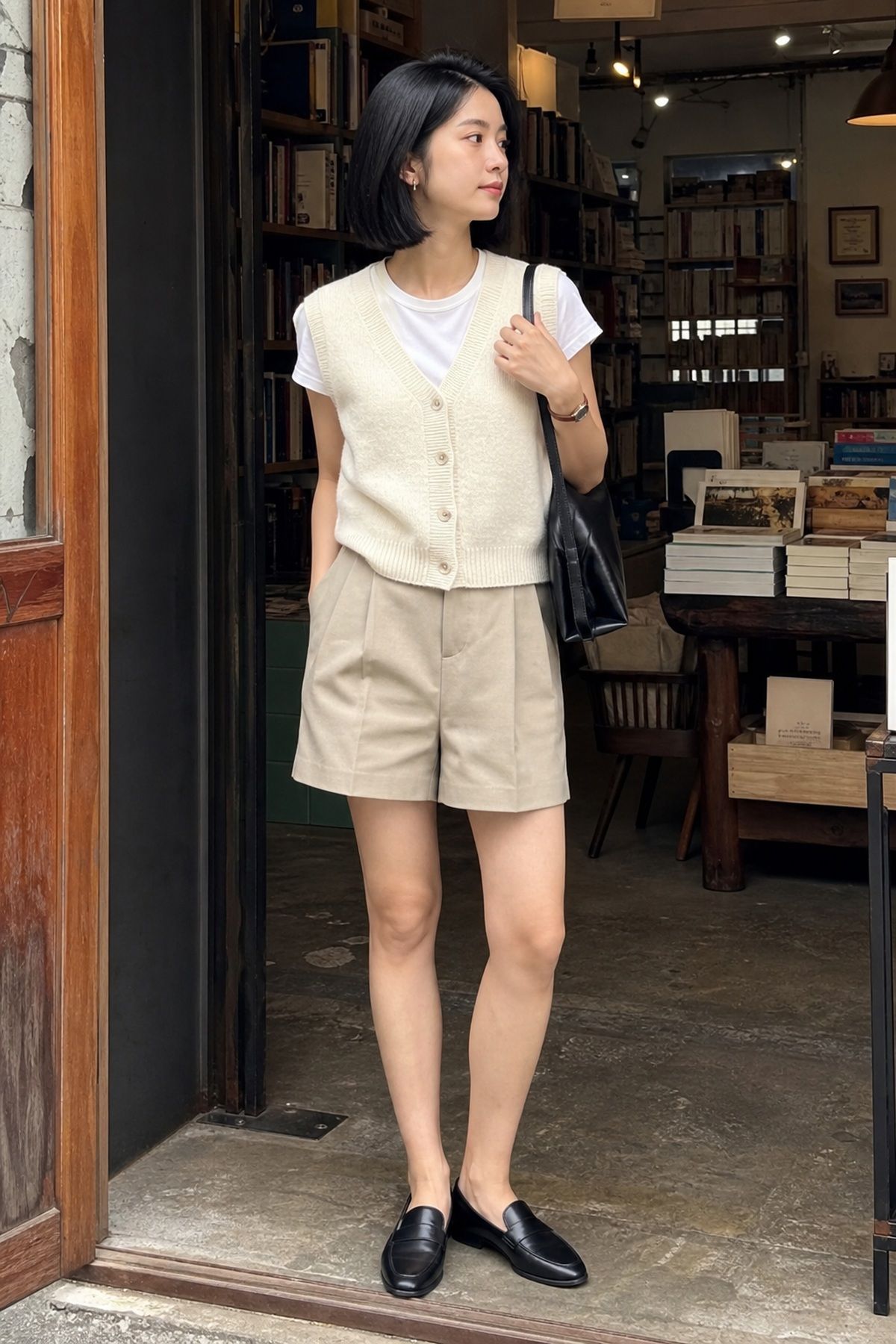 Woman wearing a button-front sweater vest, an Amazon fashion finds for casual outfit