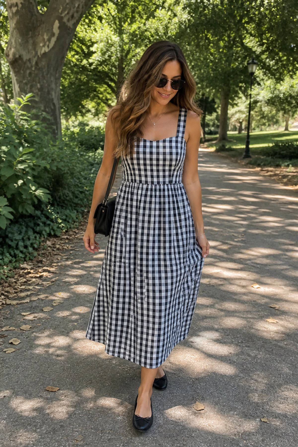 Woman wearing a gingham midi dress, an Amazon fashion finds for casual outfit