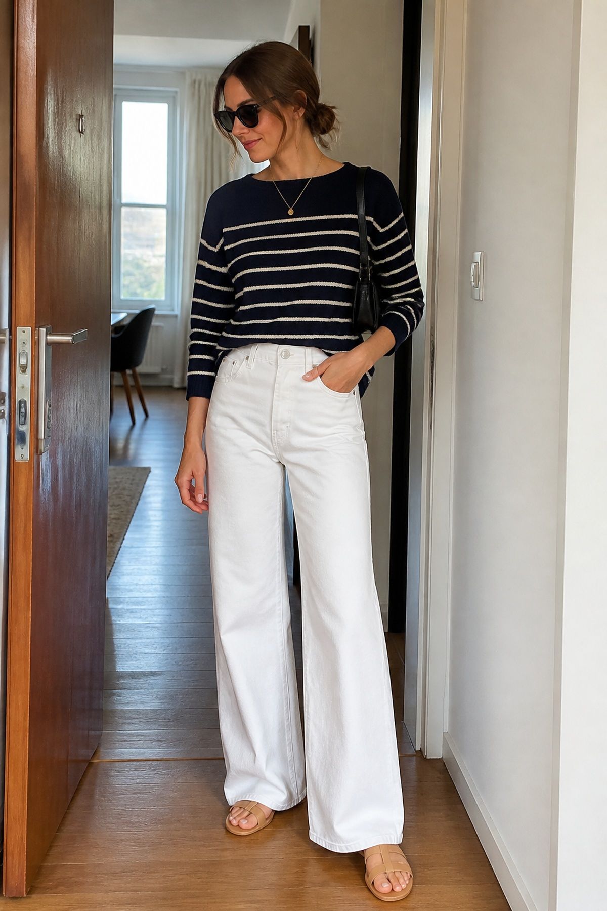 Woman wearing white wide-leg jeans, an Amazon fashion finds for casual outfit
