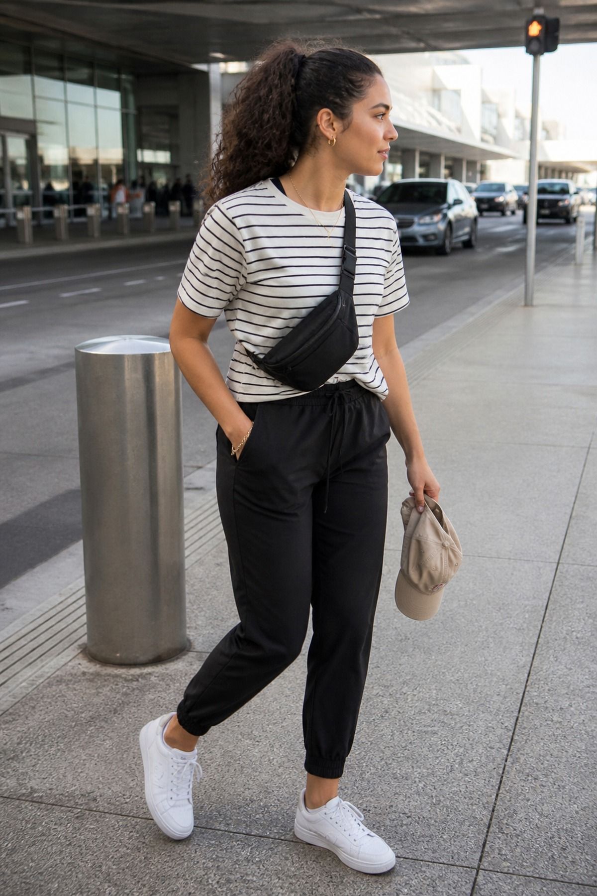 Woman wearing black joggers with a striped tee, an Amazon travel outfit