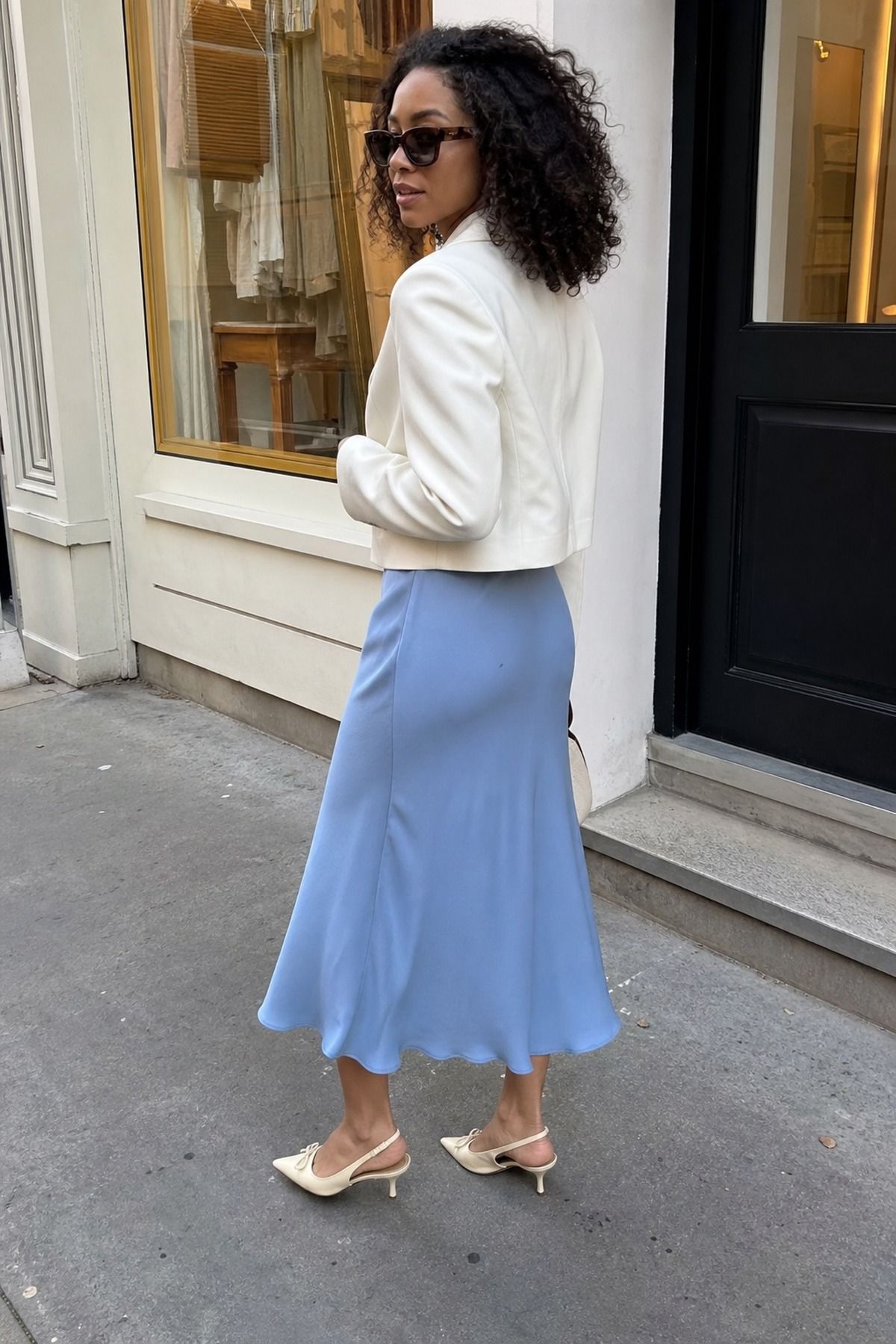 midi skirt with a cropped blazer baby shower guest outfit