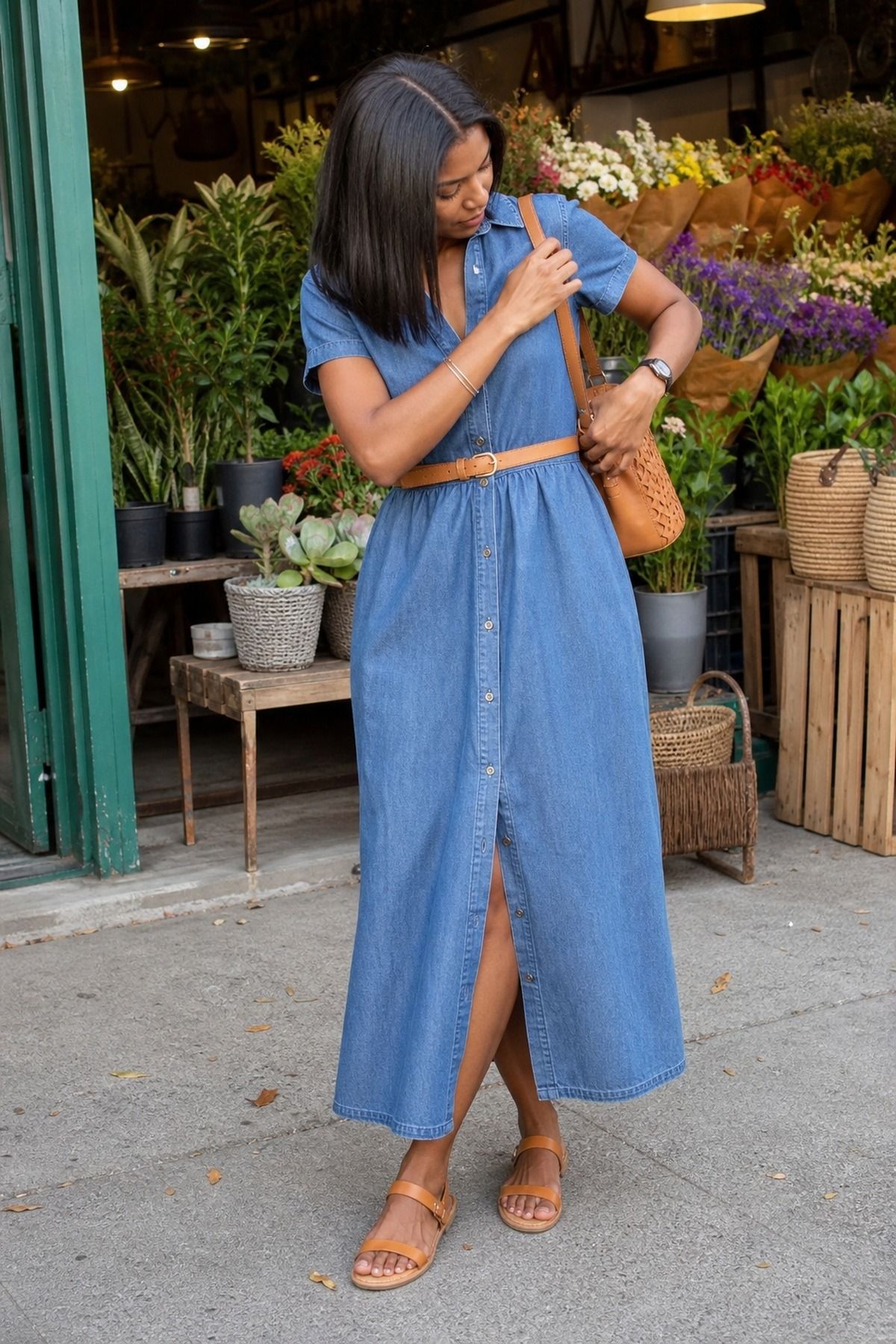 chambray dress with tan accessories baby shower guest outfit