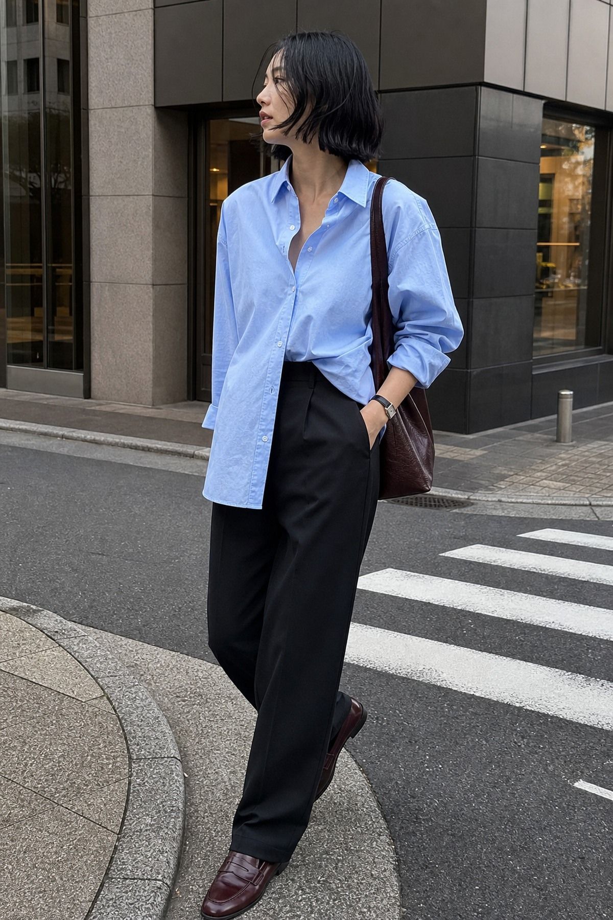 blue button down outfit basic for women