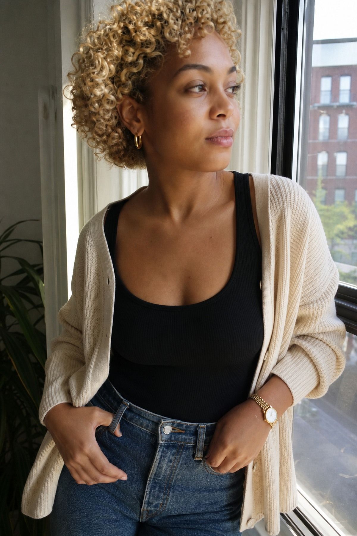 small gold hoops outfit basic for women