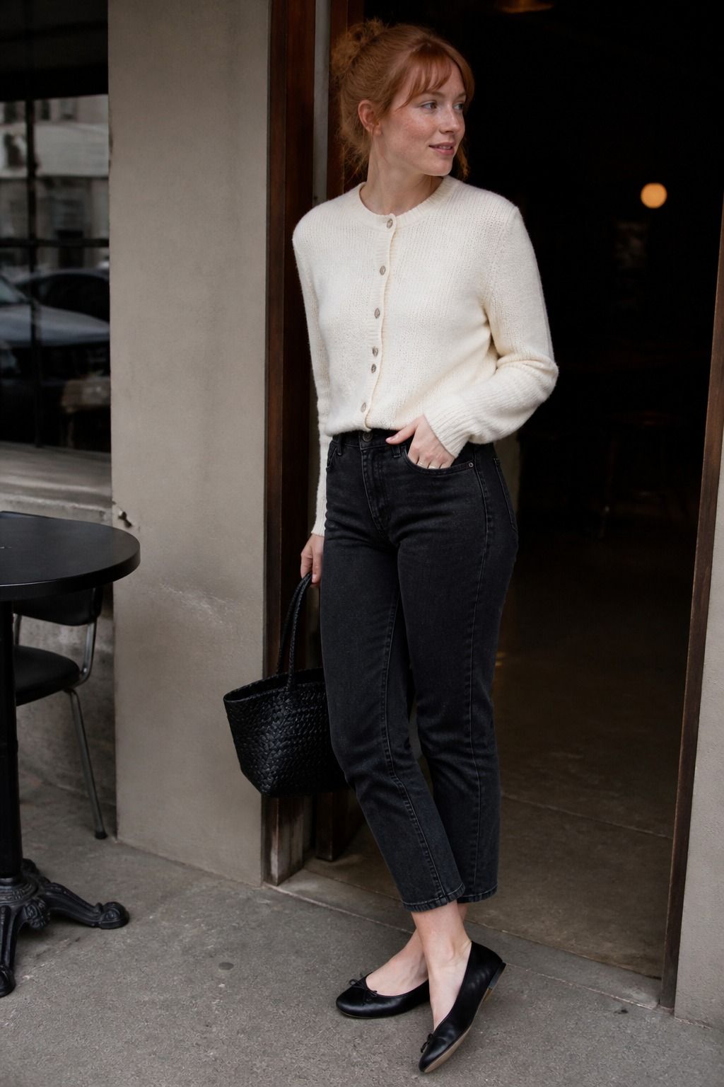 Woman wearing black ballet flats with an easy casual outfit