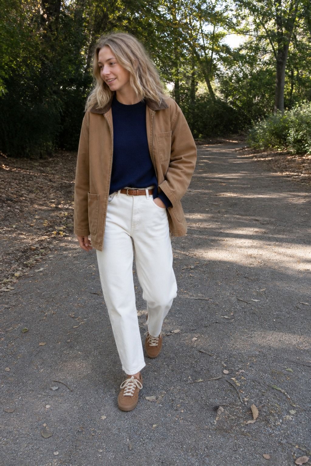 Woman wearing suede sneakers with an easy casual outfit
