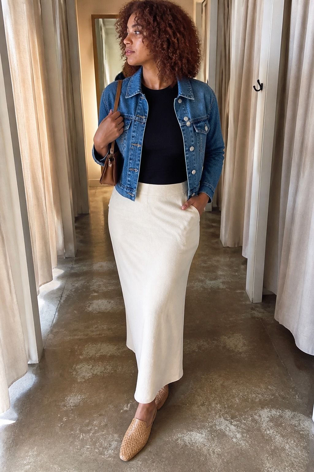 Woman wearing woven mules with an easy casual outfit