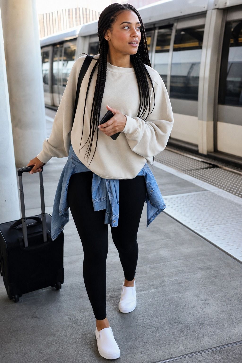 Woman wearing slip-on sneakers with an easy casual outfit