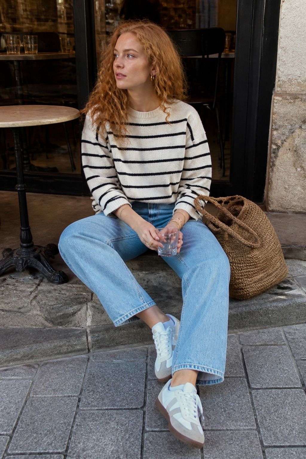 light wash relaxed jeans styled in a casual denim outfit