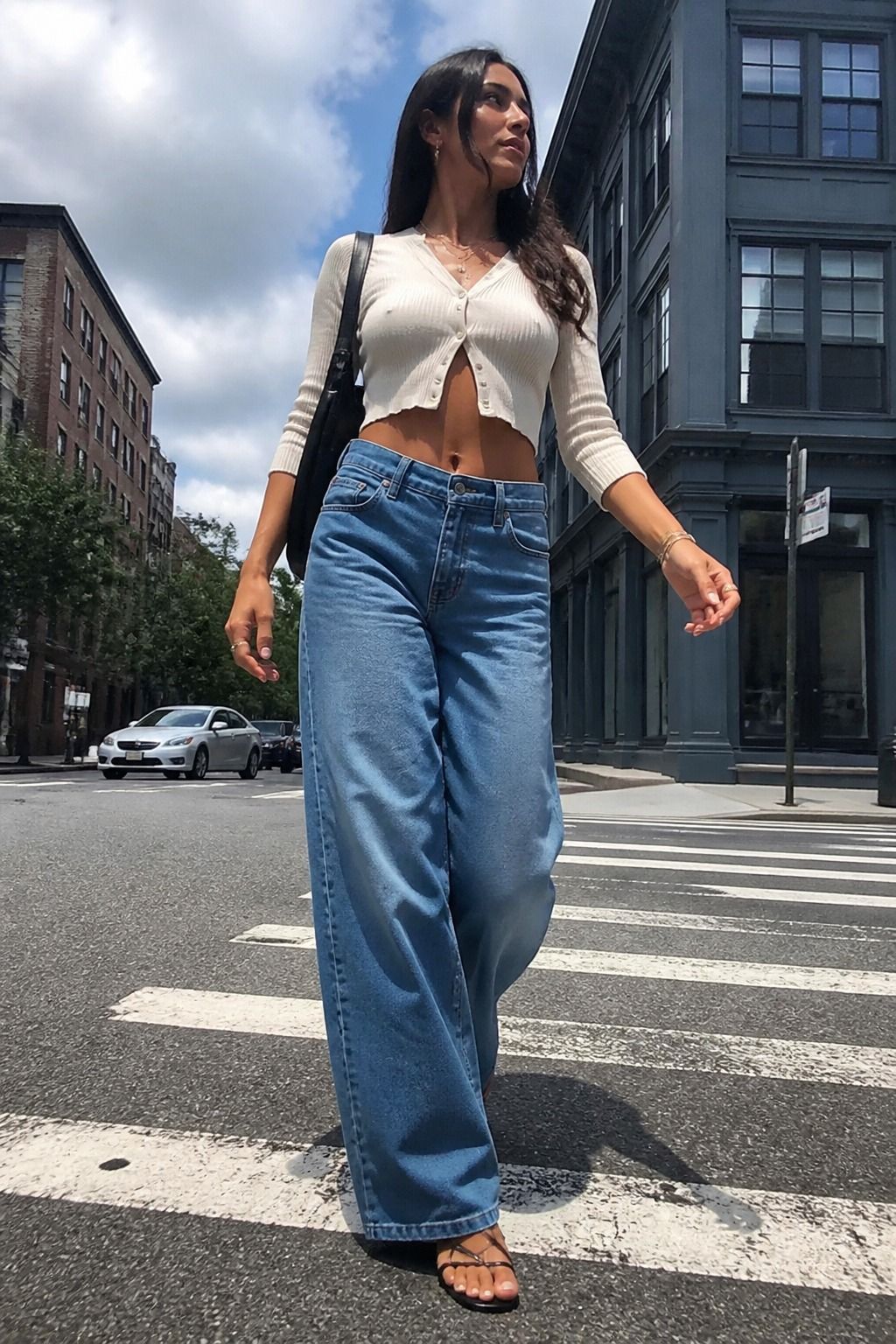 wide-leg jeans styled in a casual denim outfit