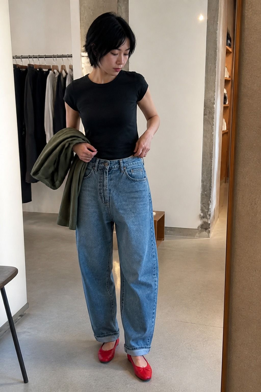 barrel jeans styled in a casual denim outfit