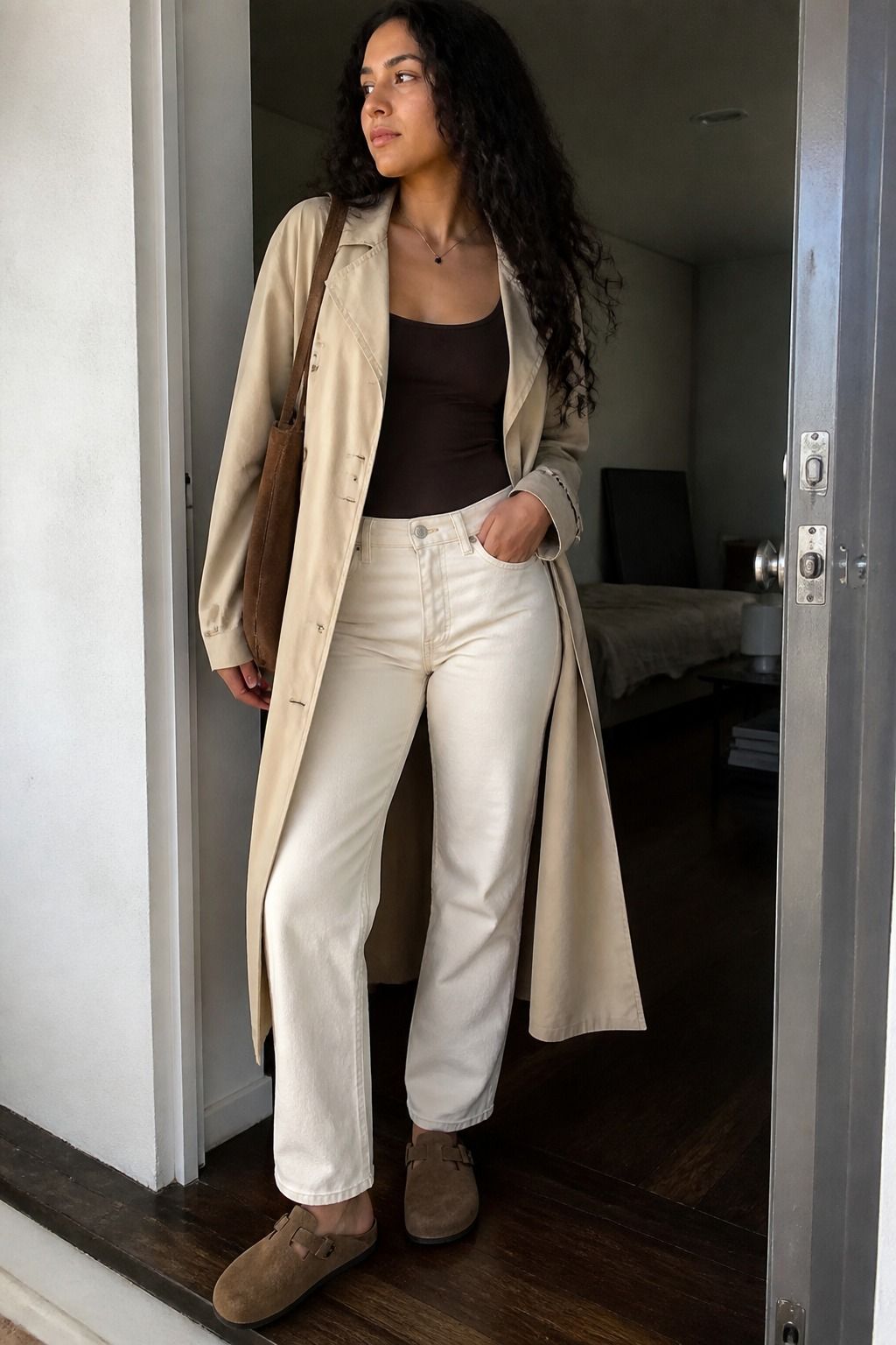 ecru jeans styled in a casual denim outfit