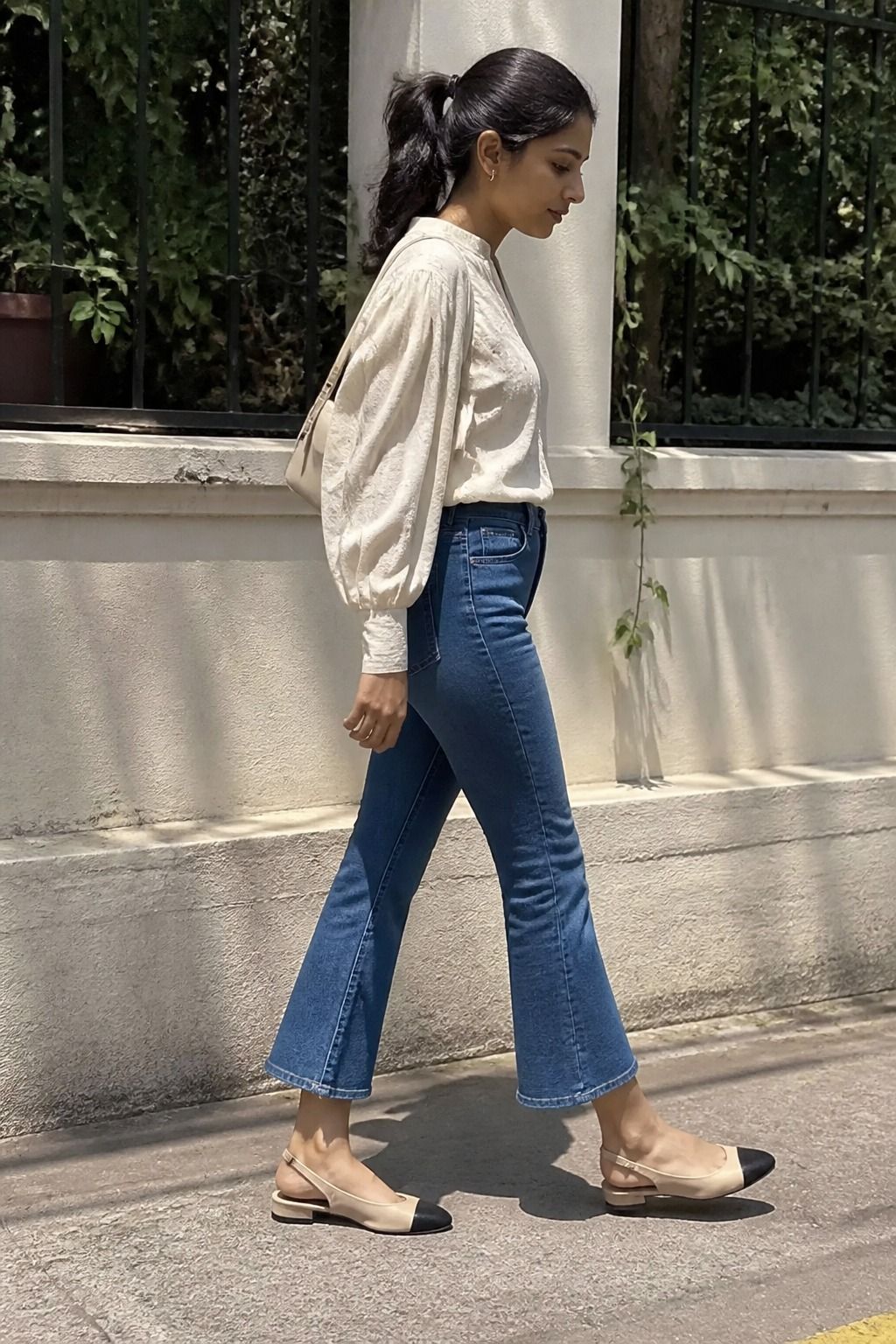 cropped kick flare jeans styled in a casual denim outfit