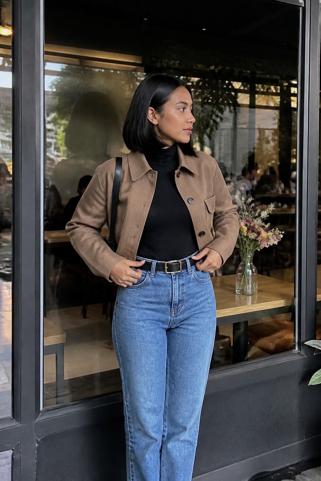 high-rise jeans styled in a casual denim outfit