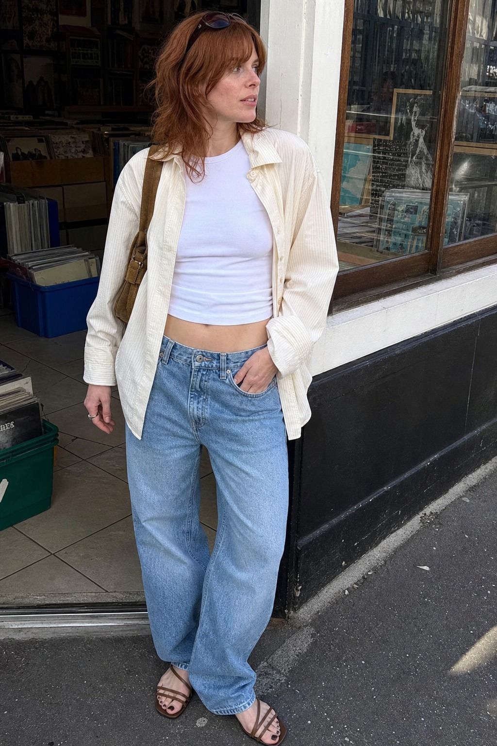 low-rise loose jeans styled in a casual denim outfit
