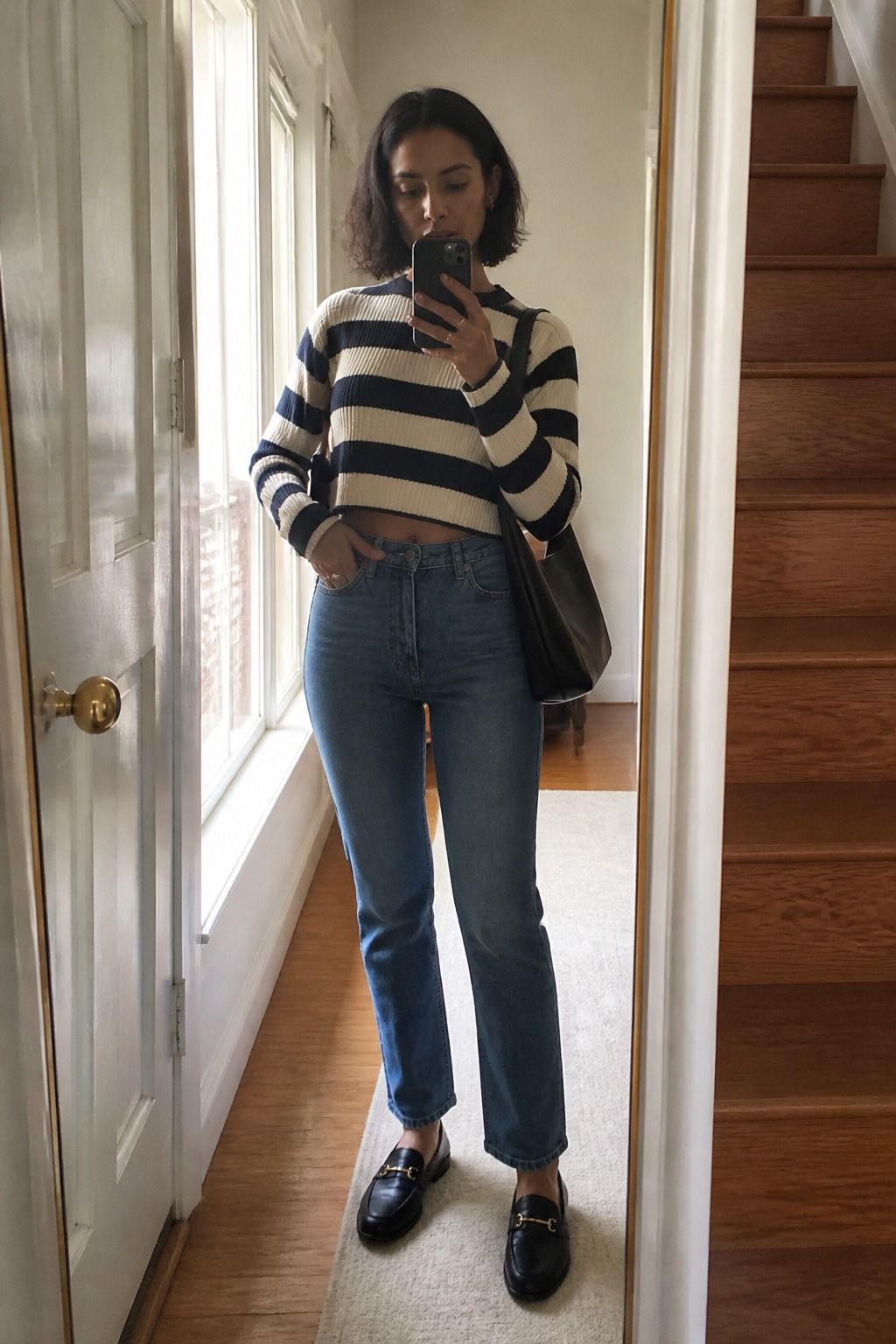 petite-friendly jeans styled in a casual denim outfit