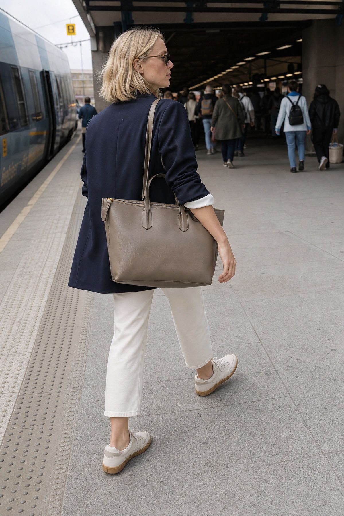 Back view of a woman on a train platform in a navy blazer, cream trousers and cream sneakers with a taupe zippered work tote on her shoulder