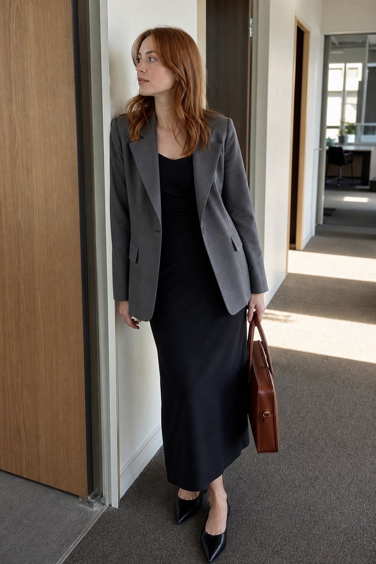 Woman in a gray blazer over a black midi dress with black pointed heels holding a cognac leather slim briefcase in a hallway