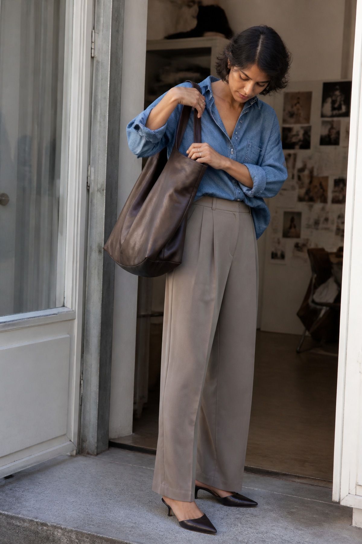 Woman in a blue chambray shirt, taupe pleated wide trousers and black slingback heels with a soft slouchy dark leather tote on her shoulder in an office doorway