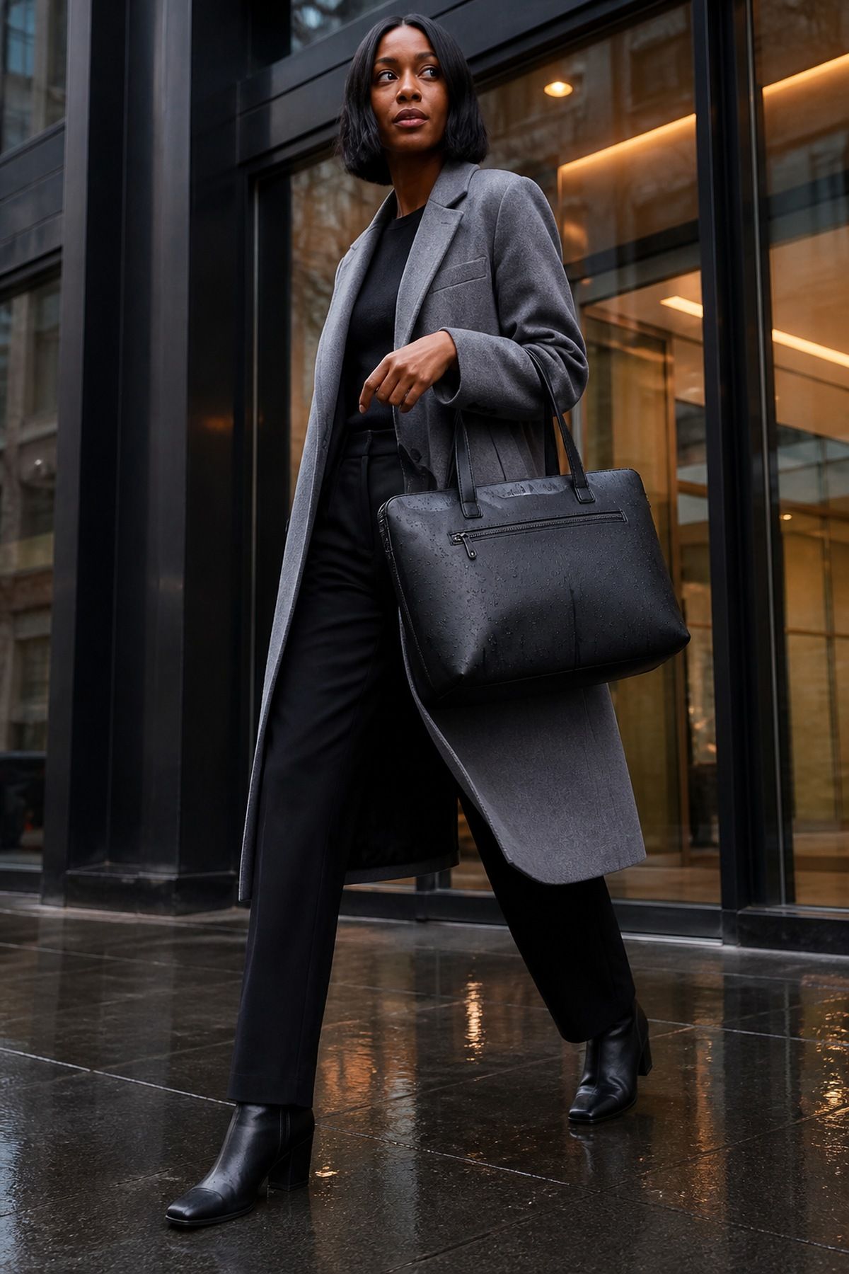 Woman in a long gray coat, black trousers and black ankle boots carrying a black water-resistant commuter tote on a wet city street at dusk