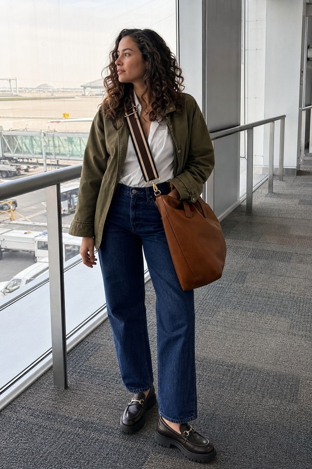 Woman in an olive jacket, white tee, dark wide-leg jeans and black loafers wearing a tan leather work tote crossbody on a striped strap in an airport walkway
