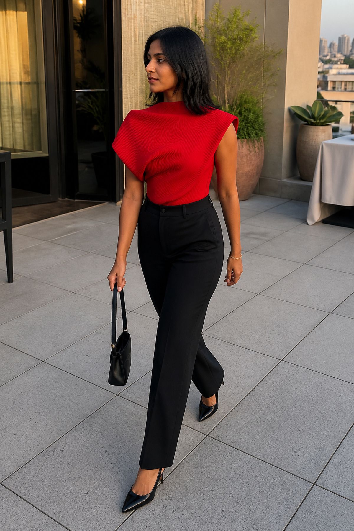 Woman wearing a red top with tailored black trousers, a birthday dinner outfit
