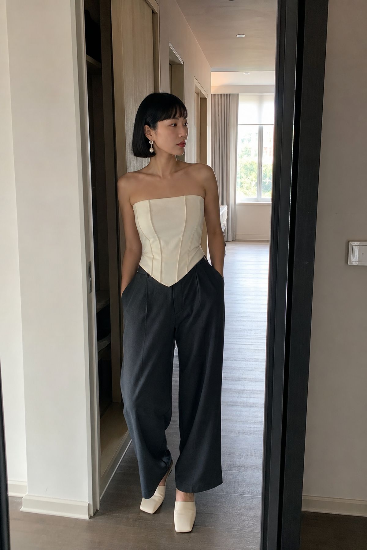 Woman wearing a corset top with relaxed wide-leg pants, a birthday dinner outfit