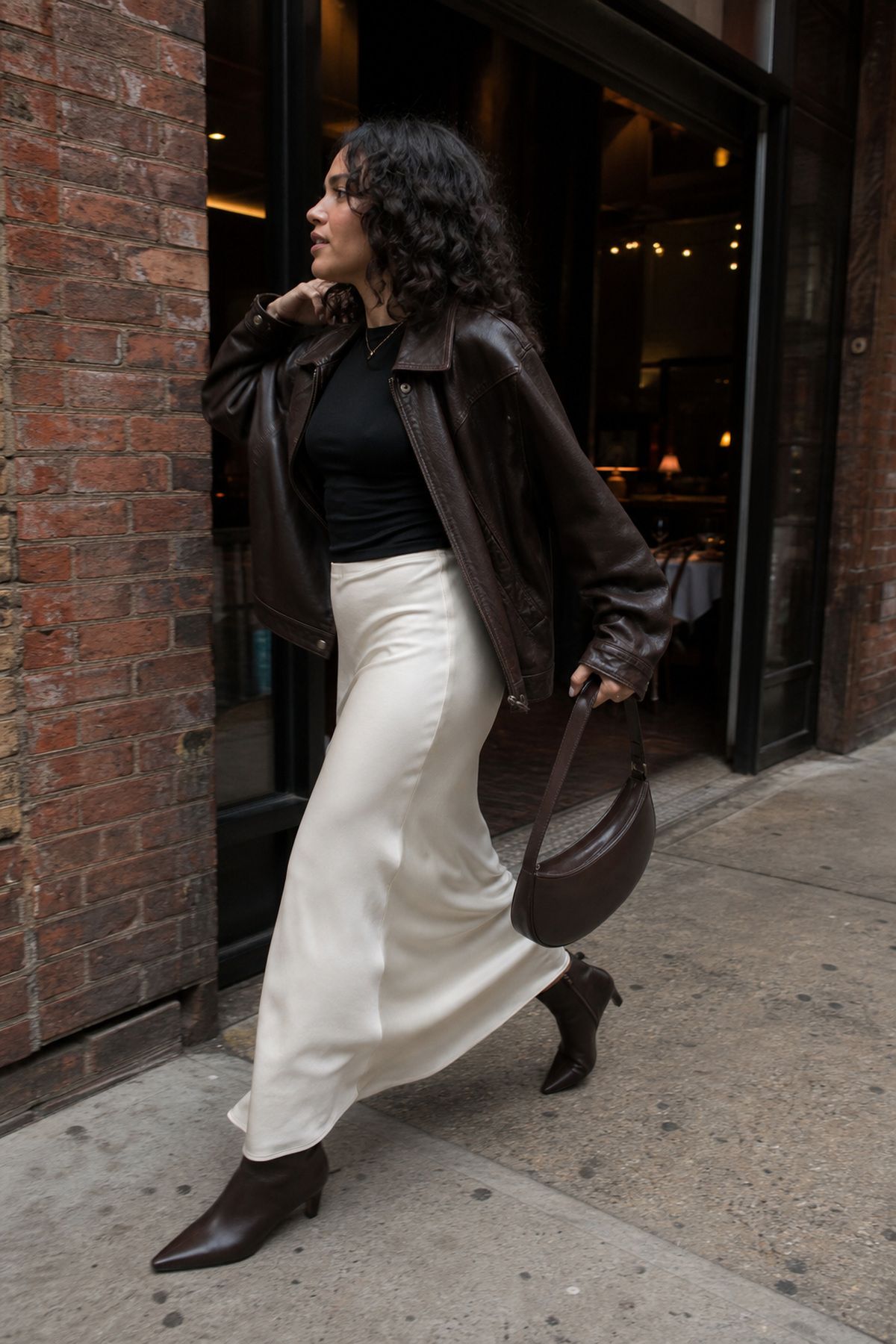Woman wearing a slip skirt with a leather jacket, a birthday dinner outfit