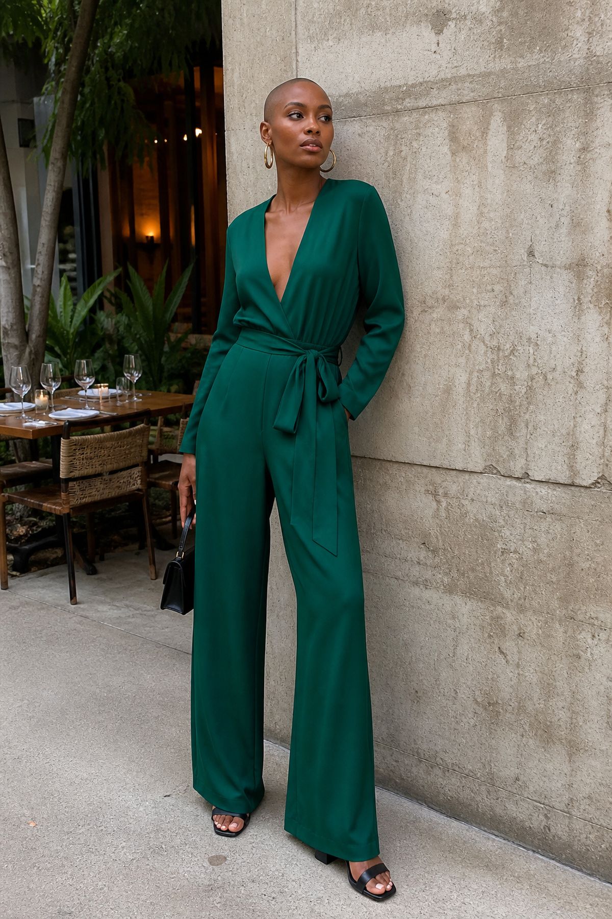 Woman wearing a statement jumpsuit with gold hoops, a birthday dinner outfit