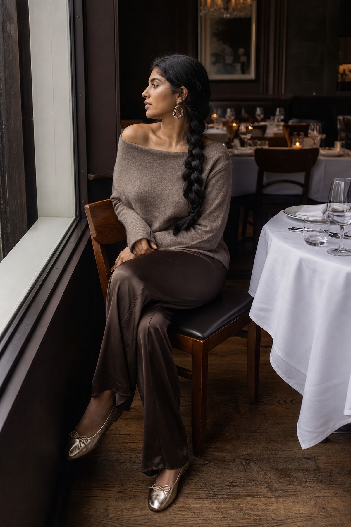 Woman wearing an off-the-shoulder sweater with satin pants, a birthday dinner outfit