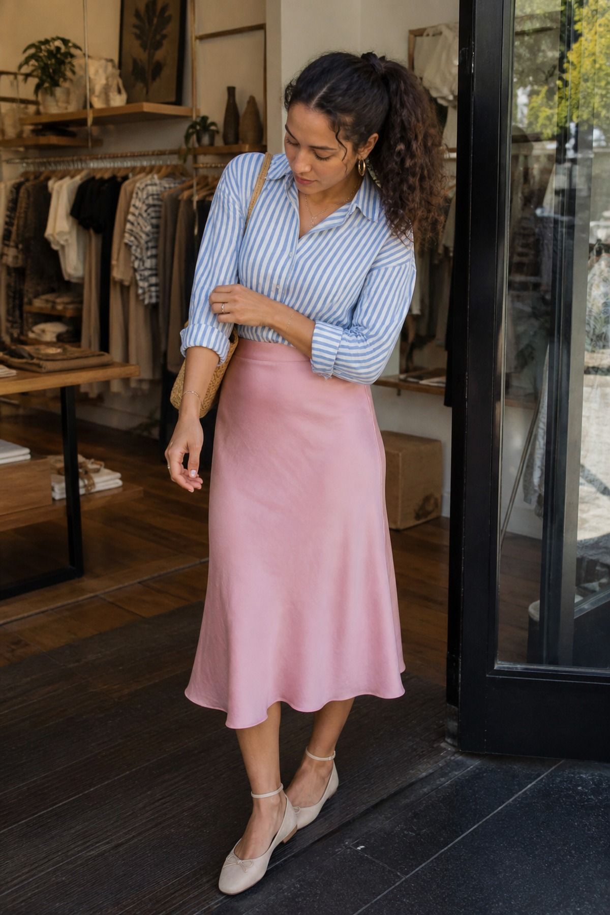 Woman wearing a striped blouse and midi skirt set, a bridal shower guest outfit