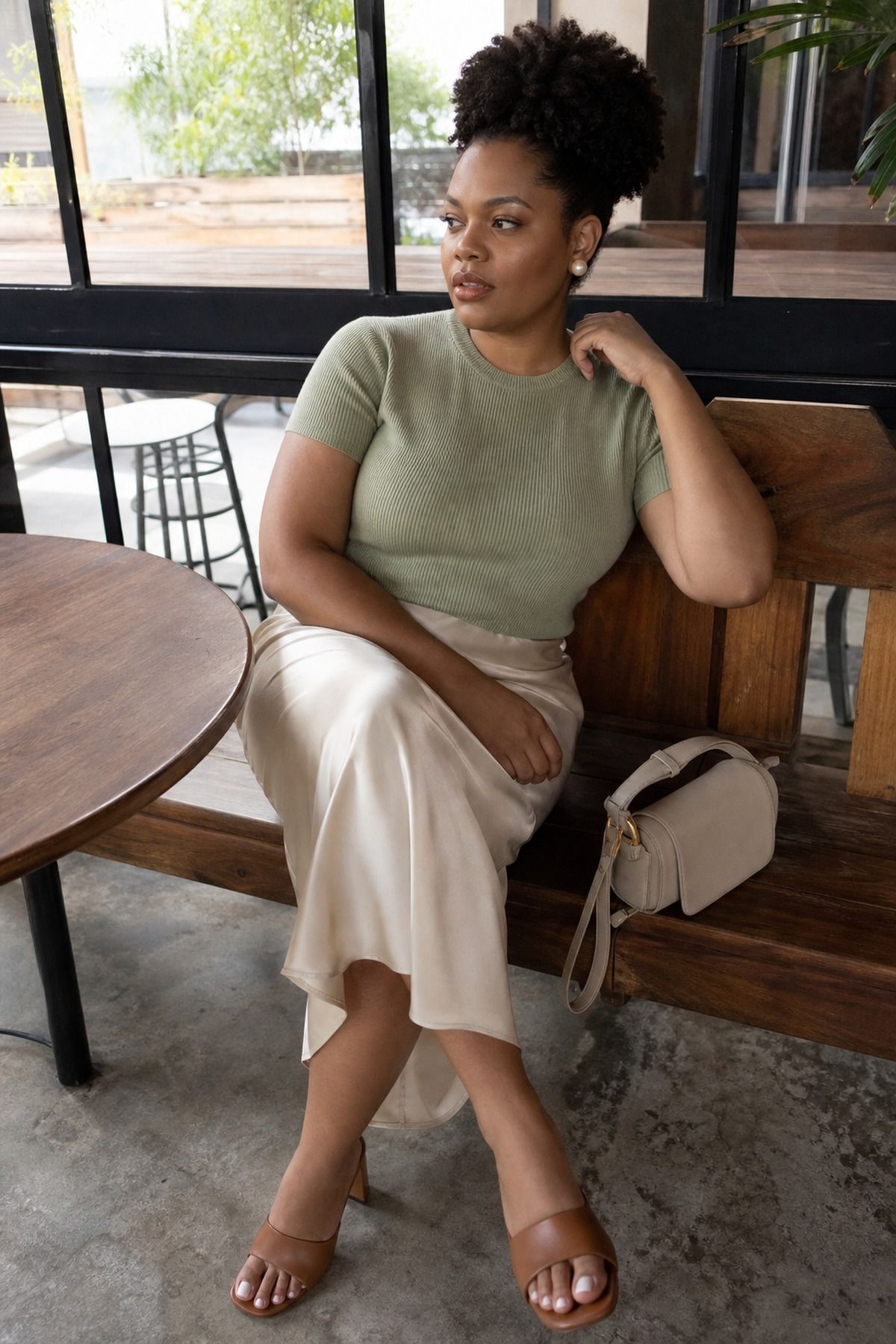 Woman wearing a slip skirt with a soft knit top, a bridal shower guest outfit