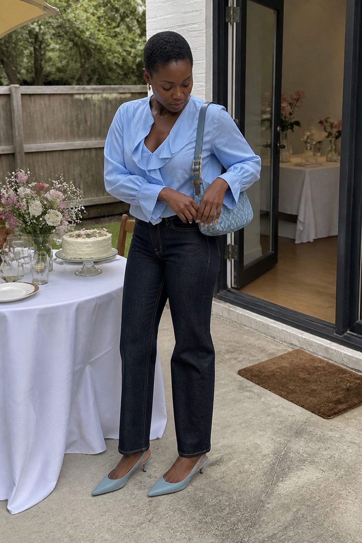 Woman wearing a dressy blouse with dark straight jeans, a bridal shower guest outfit